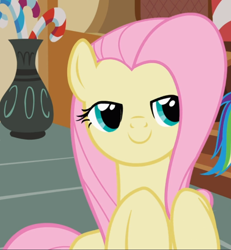 Size: 796x863 | Tagged: safe, screencap, character:fluttershy, species:pegasus, species:pony, episode:the mysterious mare do well, g4, my little pony: friendship is magic, cropped, lidded eyes, smiling, solo
