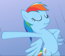 Size: 1031x888 | Tagged: safe, screencap, character:rainbow dash, species:pegasus, species:pony, episode:the mysterious mare do well, g4, my little pony: friendship is magic, cropped, eyes closed, flying, smiling, solo, wings