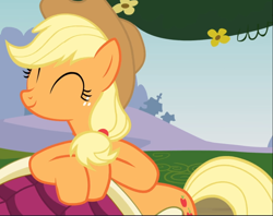 Size: 1188x939 | Tagged: safe, screencap, character:applejack, episode:too many pinkie pies, g4, my little pony: friendship is magic, cropped, cute, eyes closed, jackabetes, smiling, solo