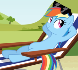 Size: 603x537 | Tagged: safe, screencap, character:rainbow dash, species:pegasus, species:pony, episode:too many pinkie pies, g4, my little pony: friendship is magic, chair, cropped, cute, dashabetes, hooves behind head, reclining, solo, sunglasses