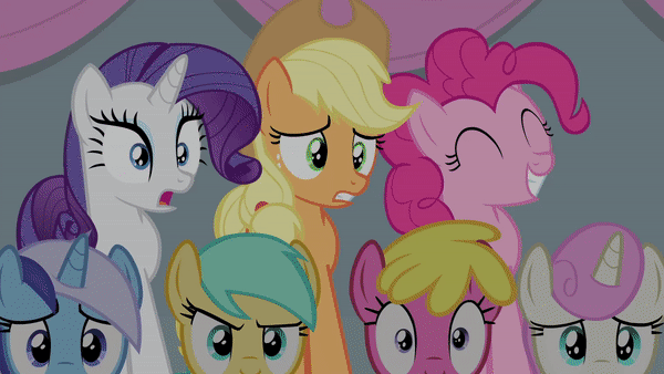 Size: 600x338 | Tagged: safe, editor:thor-disciple, screencap, character:applejack, character:cherry berry, character:minuette, character:pinkie pie, character:rarity, character:sunshower raindrops, character:twinkleshine, species:earth pony, species:pony, species:unicorn, episode:equestria games, g4, my little pony: friendship is magic, animated, confused, cringing, cute, diapinkes, disgusting, frown, gif, one of these things is not like the others, pinkie being pinkie, shocked, side to side, varying degrees of want