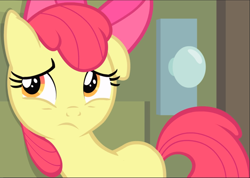 Size: 1323x940 | Tagged: safe, screencap, character:apple bloom, species:earth pony, species:pony, episode:somepony to watch over me, g4, my little pony: friendship is magic, cropped, eavesdropping, floppy ears, nervous, solo