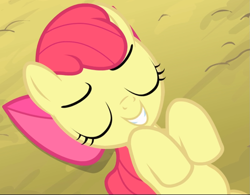 Size: 1057x824 | Tagged: safe, screencap, character:apple bloom, episode:somepony to watch over me, g4, my little pony: friendship is magic, adorabloom, cropped, cute, laying on ground, smiling, solo