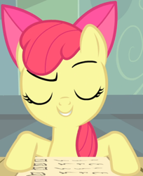 Size: 614x752 | Tagged: safe, screencap, character:apple bloom, episode:somepony to watch over me, g4, my little pony: friendship is magic, cropped, eyes closed, list, raised eyebrow, smiling, smirk, smug, solo