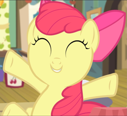 Size: 1031x940 | Tagged: safe, screencap, character:apple bloom, species:earth pony, species:pony, episode:somepony to watch over me, g4, my little pony: friendship is magic, adorabloom, cropped, cute, eyes closed, hooves in air, smiling, solo