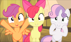 Size: 1590x940 | Tagged: safe, screencap, character:apple bloom, character:scootaloo, character:sweetie belle, species:pegasus, species:pony, episode:somepony to watch over me, g4, my little pony: friendship is magic, adorabloom, cropped, cute, cutealoo, cutie mark crusaders, diasweetes, excited, hooves in air, smiling, squishy cheeks, trio