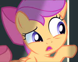 Size: 1182x940 | Tagged: safe, screencap, character:scootaloo, species:pegasus, species:pony, episode:somepony to watch over me, g4, my little pony: friendship is magic, close-up, cropped, eavesdropping, solo