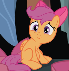 Size: 539x550 | Tagged: safe, screencap, character:scootaloo, species:pegasus, species:pony, episode:somepony to watch over me, g4, my little pony: friendship is magic, apple bloom's bow, bow, cropped, hair bow, nervous, puckered lips, sitting, solo