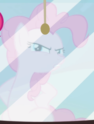 Size: 652x853 | Tagged: safe, screencap, character:pinkie pie, episode:party pooped, g4, my little pony: friendship is magic, cropped, hooves on hips, narrowed eyes, reflection, sitting, solo, tough