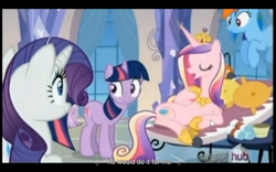 Size: 1024x640 | Tagged: safe, screencap, character:princess cadance, character:rainbow dash, character:rarity, character:twilight sparkle, episode:games ponies play, g4, my little pony: friendship is magic, youtube caption
