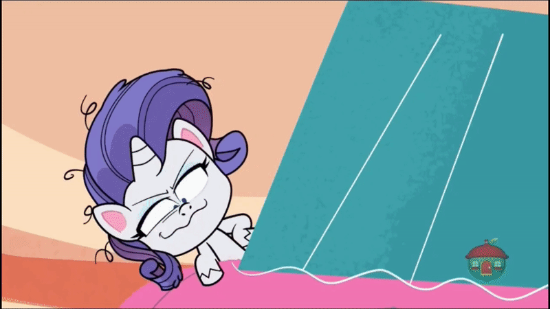 Size: 800x450 | Tagged: safe, screencap, character:rarity, species:pony, species:unicorn, episode:bad thing no. 3, g4.5, my little pony:pony life, spoiler:pony life s01e05, animated, crawling, evil grin, gif, grin, messy mane, smiling, solo, sugarcube corner, treehouse logo, upside down