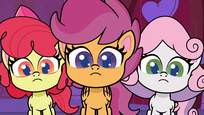 Size: 800x450 | Tagged: safe, screencap, character:apple bloom, character:scootaloo, character:sweetie belle, species:earth pony, species:pegasus, species:pony, species:unicorn, episode:disappearing act, g4.5, my little pony:pony life, spoiler:pony life s01e12, :o, animated, animation error, apple bloom's bow, bow, cutie mark crusaders, gif, hair bow, looking at something, open mouth, wings