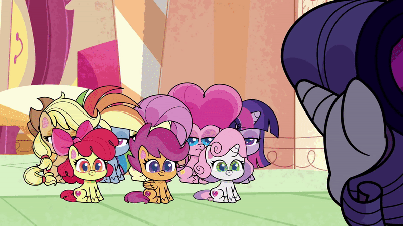 Size: 800x450 | Tagged: safe, screencap, character:apple bloom, character:applejack, character:fluttershy, character:pinkie pie, character:rainbow dash, character:rarity, character:scootaloo, character:sweetie belle, character:twilight sparkle, character:twilight sparkle (alicorn), species:alicorn, species:earth pony, species:pegasus, species:pony, species:unicorn, episode:disappearing act, g4.5, my little pony:pony life, spoiler:pony life s01e12, adorabloom, animated, apple bloom's bow, applejack's hat, bow, clothing, cowboy hat, cute, cutealoo, cutie mark crusaders, diasweetes, excited, gif, hair bow, hat, jumping, nose in the air, rainbow dash is not amused, sitting, smiling, sugarcube corner, twilight is not amused, unamused, unimpressed, volumetric mouth