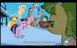 Size: 1024x640 | Tagged: safe, screencap, character:applejack, character:chickadee, character:fluttershy, character:ms. peachbottom, character:pinkie pie, character:rainbow dash, character:twilight sparkle, episode:games ponies play, g4, my little pony: friendship is magic, youtube caption