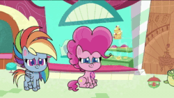 Size: 1920x1080 | Tagged: safe, screencap, character:gummy, character:pinkie pie, character:rainbow dash, species:earth pony, species:pegasus, species:pony, g4.5, my little pony:pony life, spoiler:pony life s01e07, alligator, animated, cake, female, food, implied vomit, mare, pie, sitting, sound, surprised, the trail less trotten, vomit, vomiting, webm
