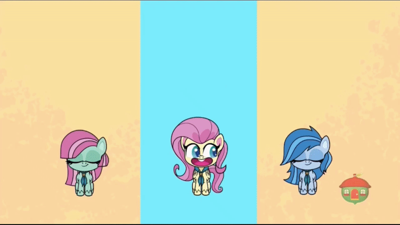Size: 800x450 | Tagged: safe, screencap, character:fluttershy, character:minty, species:earth pony, species:pegasus, species:pony, g4.5, my little pony:pony life, spoiler:pony life s01e07, animated, archery, arrow, badge, binoculars, bow (weapon), cupcake, fishing rod, flag, food, gif, guitar, happy, marshmallow, musical instrument, paddle, rage quit, sulking, the trail less trotten, trumpet, unhappy, unnamed character, unnamed pony