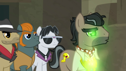 Size: 1920x1080 | Tagged: safe, screencap, character:biff, character:doctor caballeron, character:rogue, character:withers, species:earth pony, species:pony, episode:daring doubt, g4, my little pony: friendship is magic, glow, glowing eyes, henchmen, male, stallion, truth talisman