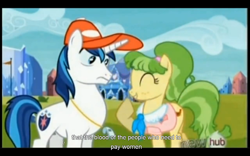Size: 1024x640 | Tagged: safe, screencap, character:chickadee, character:ms. peachbottom, character:shining armor, episode:games ponies play, g4, my little pony: friendship is magic, youtube caption