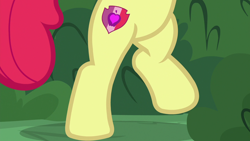 Size: 1280x720 | Tagged: safe, screencap, character:apple bloom, species:earth pony, species:pony, episode:marks for effort, g4, my little pony: friendship is magic, bipedal, bush, cutie mark, featureless crotch, female, filly, legs, pictures of bellies, pictures of legs, raised leg, shadow, solo focus, the cmc's cutie marks