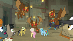Size: 1920x1080 | Tagged: safe, screencap, character:ahuizotl, character:biff, character:daring do, character:doctor caballeron, character:fluttershy, character:rainbow dash, character:rogue, species:gargoyle, episode:daring doubt, g4, my little pony: friendship is magic, guardiangoyle, henchmen