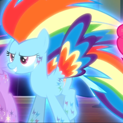 Size: 940x939 | Tagged: safe, screencap, character:rainbow dash, species:pegasus, species:pony, episode:do princesses dream of magic sheep?, cropped, glow, rainbow power, rainbow power-ified, smiling, solo, spread wings, wings