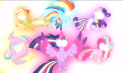 Size: 1560x938 | Tagged: safe, screencap, character:applejack, character:fluttershy, character:pinkie pie, character:rainbow dash, character:rarity, character:twilight sparkle, character:twilight sparkle (alicorn), species:alicorn, species:pony, episode:do princesses dream of magic sheep?, cropped, floating, glow, glowing eyes, glowing horn, group, horn, magic, magic aura, mane six, rainbow power, rainbow power-ified, spread wings, white eyes, wings