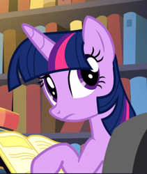 Size: 792x938 | Tagged: safe, screencap, character:twilight sparkle, character:twilight sparkle (alicorn), species:alicorn, species:pony, episode:do princesses dream of magic sheep?, book, bookshelf, cropped, female, frown, looking back, mare, solo