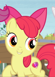 Size: 674x935 | Tagged: safe, screencap, character:apple bloom, episode:hard to say anything, g4, my little pony: friendship is magic, adorabloom, cropped, cute, raised hoof, smiling, solo