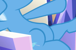 Size: 609x399 | Tagged: safe, screencap, character:trixie, episode:all bottled up, g4, my little pony: friendship is magic, belly, cropped, friendship throne, pictures of bellies, sitting, solo