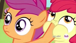 Size: 1280x720 | Tagged: safe, screencap, character:apple bloom, character:scootaloo, character:sweetie belle, species:earth pony, species:pegasus, species:pony, species:unicorn, episode:somepony to watch over me, g4, my little pony: friendship is magic, cutie mark crusaders, duo, duo female, duo focus, female, hoof in mouth, hub logo, looking up, puffy cheeks