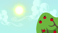 Size: 1280x720 | Tagged: safe, screencap, episode:applejack's day off, apple, apple tree, background, no pony, scenic ponyville, sun, sweet apple acres, tree