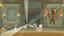 Size: 1920x1080 | Tagged: safe, screencap, character:biff, character:daring do, character:doctor caballeron, character:fluttershy, character:rogue, character:withers, species:earth pony, species:gargoyle, species:pegasus, species:pony, episode:daring doubt, g4, my little pony: friendship is magic, female, guardiangoyle, henchmen, male, mare, stallion