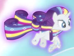 Size: 425x323 | Tagged: safe, screencap, character:rarity, species:pony, species:unicorn, episode:twilight's kingdom, g4, my little pony: friendship is magic, cropped, flying, glow, rainbow power, rainbow power-ified, smiling, solo