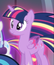 Size: 509x614 | Tagged: safe, screencap, character:twilight sparkle, character:twilight sparkle (alicorn), species:alicorn, species:pony, episode:twilight's kingdom, g4, my little pony: friendship is magic, cropped, glow, rainbow power, rainbow power-ified, smiling, solo focus