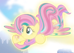 Size: 686x492 | Tagged: safe, screencap, character:fluttershy, species:pegasus, species:pony, episode:twilight's kingdom, g4, my little pony: friendship is magic, cropped, flying, glow, rainbow power, rainbow power-ified, smiling, solo, spread wings, wings