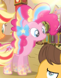 Size: 548x705 | Tagged: safe, screencap, character:pinkie pie, episode:twilight's kingdom, g4, my little pony: friendship is magic, cropped, glow, offscreen character, rainbow power, rainbow power-ified, smiling