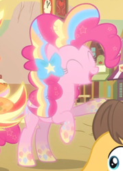 Size: 528x737 | Tagged: safe, screencap, character:pinkie pie, episode:twilight's kingdom, g4, my little pony: friendship is magic, cropped, cute, diapinkes, eyes closed, glow, open mouth, rainbow power, rainbow power-ified, rearing, smiling, solo
