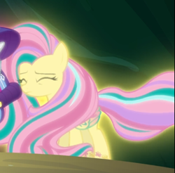 Size: 638x627 | Tagged: safe, screencap, character:fluttershy, episode:twilight's kingdom, g4, my little pony: friendship is magic, cropped, eyes closed, glow, rainbow power, rainbow power-ified, solo