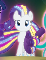 Size: 432x560 | Tagged: safe, screencap, character:rarity, episode:twilight's kingdom, g4, my little pony: friendship is magic, cropped, glow, rainbow power, rainbow power-ified, smiling, solo