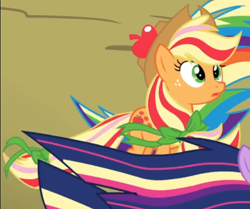 Size: 564x472 | Tagged: safe, screencap, character:applejack, episode:twilight's kingdom, g4, my little pony: friendship is magic, cropped, open mouth, rainbow power, rainbow power-ified, solo