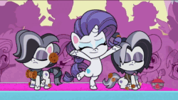 Size: 1920x1080 | Tagged: safe, screencap, character:derek, character:fluttershy, character:matt #1, character:rarity, species:earth pony, species:pegasus, species:pony, species:unicorn, episode:death of a sales-pony, g4.5, my little pony:pony life, spoiler:pony life s01e08, animated, bipedal, cookie, eating, female, fluttershy is not amused, food, giant pony, giantess, giantshy, macro, male, mare, matt #1, sound, spit, stallion, unamused, webm