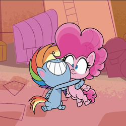Size: 1080x1080 | Tagged: safe, screencap, character:pinkie pie, character:rainbow dash, species:earth pony, species:pegasus, species:pony, episode:the fluttershy effect, g4.5, my little pony:pony life, spoiler:pony life s01e10, cropped, female, hug, mare
