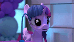 Size: 1280x720 | Tagged: safe, screencap, character:pinkie pie, character:twilight sparkle, character:twilight sparkle (alicorn), species:alicorn, species:earth pony, species:pony, animated, eyeroll, female, food, hello pinkie pie, mare, pie, pie in the face, pied, sound, twilight is not amused, unamused, webm
