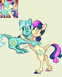 Size: 2202x2752 | Tagged: safe, artist:churoswdulc, screencap, character:bon bon, character:lyra heartstrings, character:sweetie drops, species:earth pony, species:pony, species:unicorn, ship:lyrabon, episode:slice of life, g4, my little pony: friendship is magic, colored, cute, female, fluffy, happy, hug, lesbian, mare, scene interpretation, shipping, simple background, smiling