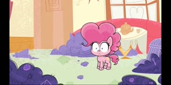 Size: 960x480 | Tagged: safe, screencap, character:pinkie pie, species:earth pony, species:pony, episode:princess probz, g4.5, my little pony:pony life, spoiler:pony life s01e01, cup, door, female, mare, solo, sugarcube corner, sugarcube corner (interior), table, teacup, thousand yard stare, wide eyes, window