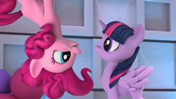 Size: 1920x1080 | Tagged: safe, screencap, character:pinkie pie, character:twilight sparkle, character:twilight sparkle (alicorn), species:alicorn, species:earth pony, species:pony, animation error, female, hello pinkie pie, mare, no tail, pinkie being pinkie, pinkie physics, upside down