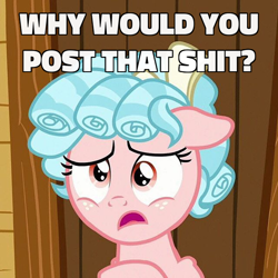 Size: 600x600 | Tagged: safe, screencap, character:cozy glow, species:pegasus, species:pony, episode:marks for effort, g4, my little pony: friendship is magic, caption, clubhouse, cropped, crusaders clubhouse, door, female, filly, floppy ears, image macro, kinkshaming, meme, reaction image, solo, text, vulgar, why would you post that, wood, wooden door
