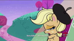 Size: 1280x720 | Tagged: safe, screencap, character:applejack, species:earth pony, species:pony, episode:how applejack got her hat back, g4.5, my little pony:pony life, spoiler:pony life s01e04, animated, beret, bonjour, clothing, french, hat, offscreen character, sound, webm