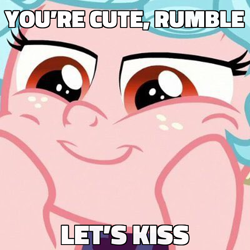 Size: 600x600 | Tagged: safe, screencap, character:cozy glow, species:pony, episode:the ending of the end, g4, my little pony: friendship is magic, caption, cozy glow is best facemaker, cropped, female, filly, foal, hooves on cheeks, image macro, implied kissing, implied rumble, implied rumbleglow, implied straight, lidded eyes, meme, smug, solo, text
