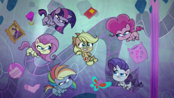 Size: 1920x1080 | Tagged: safe, screencap, character:applejack, character:fluttershy, character:pinkie pie, character:rainbow dash, character:rarity, character:twilight sparkle, episode:pony surfin' safari, g4.5, my little pony:pony life, spoiler:pony life s01e22, angry, book, cute triangle, jewelry, kite, painting, pillow, ring, sock, volleyball, whistler's mother